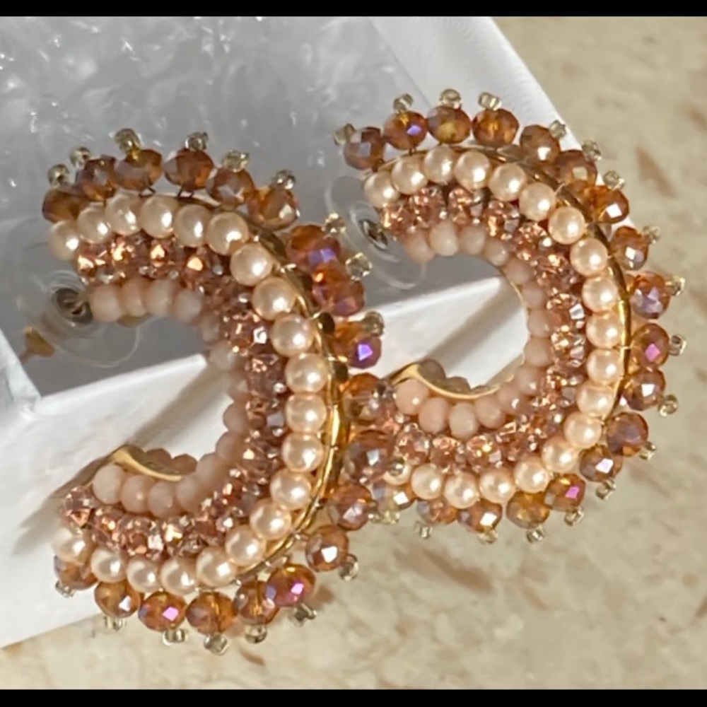 MIGNONNE GAVIGAN Signed Rose Gold, Crystal & Faux Pearl Hoop Earrings